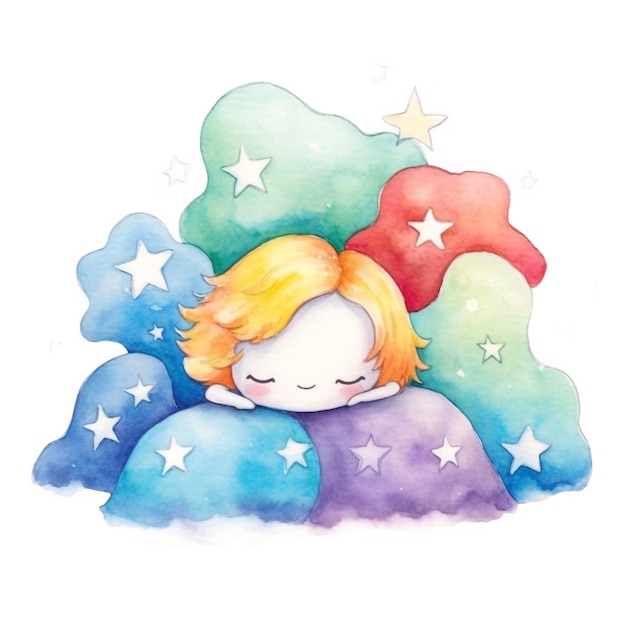 Ilustração em aquarela de um menino dormindo com estrelas e estrelas.