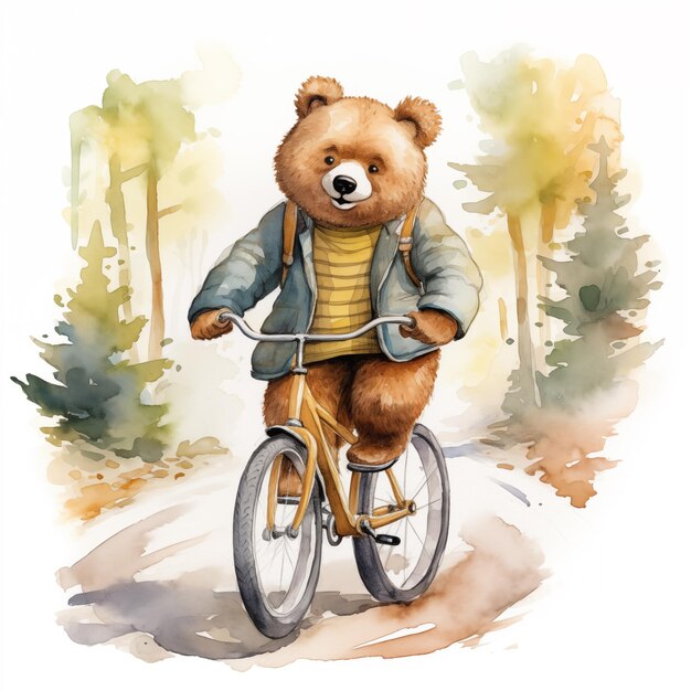 Foto ilustração em aquarela de um menino urso engraçado em uma jaqueta andando de bicicleta imagem gerada por ai