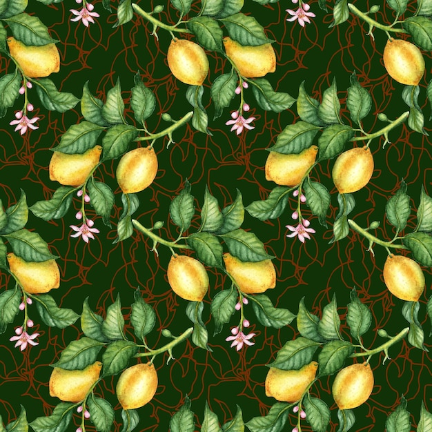 Ilustração em aquarela de um padrão de limões amarelos com folhas verdes, flores e contornos castanhos em um fundo verde Composição para casamentos, cartazes, cartões, banners, panfletos, cartazes