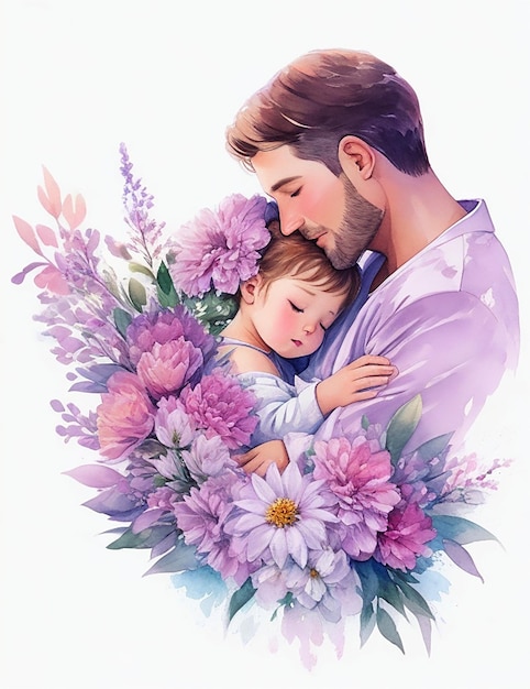 Ilustração em aquarela de um pai satisfeito abraçando seu bebê decorada com flores
