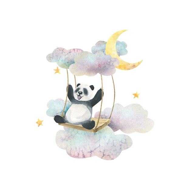 Ilustração em aquarela de um panda alegre em um balanço nas nuvens com uma lua e estrelas