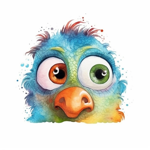 Ilustração em aquarela de um pássaro bonito com olhos verdes.