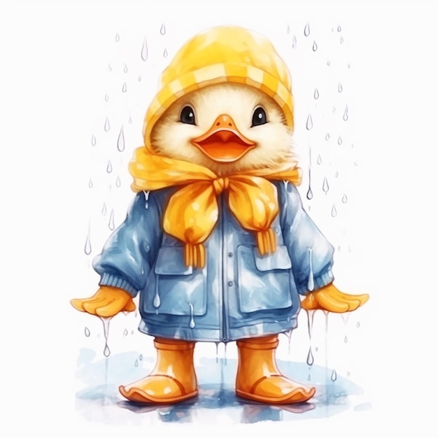 Ilustração em aquarela de um pato na chuva