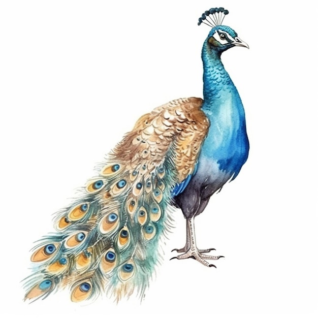 Ilustração em aquarela de um pavão com penas azuis.