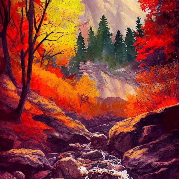 Ilustração em aquarela de um riacho de montanha