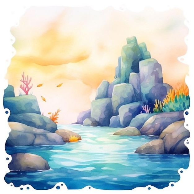 Ilustração em aquarela de um rio com pedras e um céu pôr do sol
