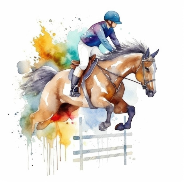 Ilustração em aquarela de um salto de cavalo e cavaleiro.