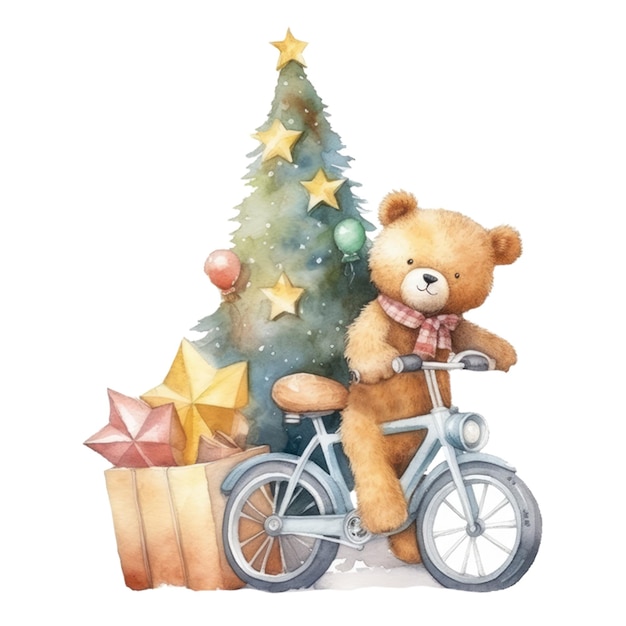 Ilustração em aquarela de um ursinho de pelúcia em uma bicicleta ao lado de uma árvore de natal.