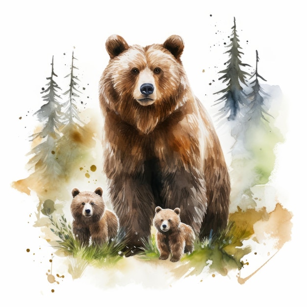 Ilustração em aquarela de um urso castanho com seus filhotes na floresta