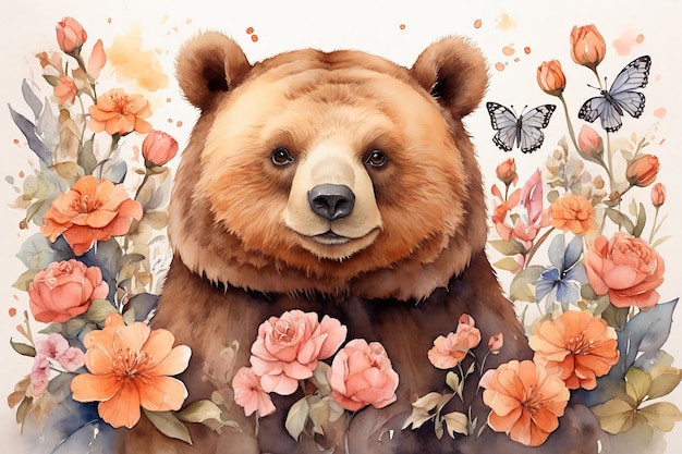 Ilustração em aquarela de um urso castanho com um buquê de flores