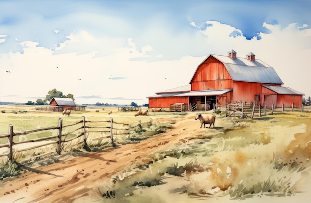 Ilustração em aquarela de um velho celeiro vermelho e ovelhas em estilo realista