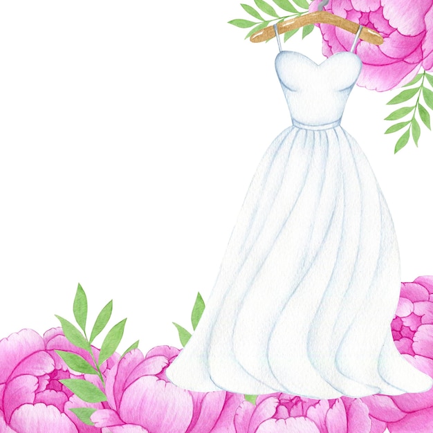 Ilustração em aquarela de um vestido branco de casamento