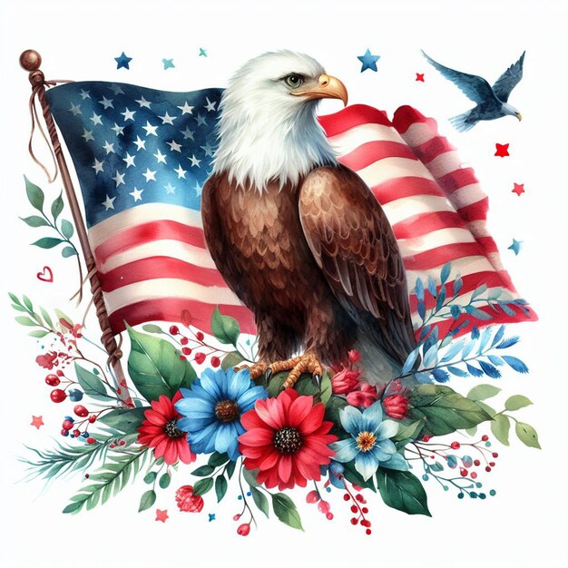 Ilustração em aquarela de uma águia com uma bandeira americana