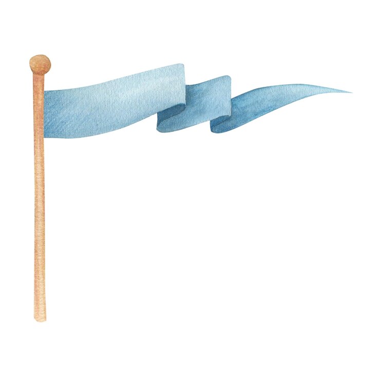 Foto ilustração em aquarela de uma bandeira ondeando no mastro de bandeira em azul bandeira medieval longa isolada esboço desenhado à mão