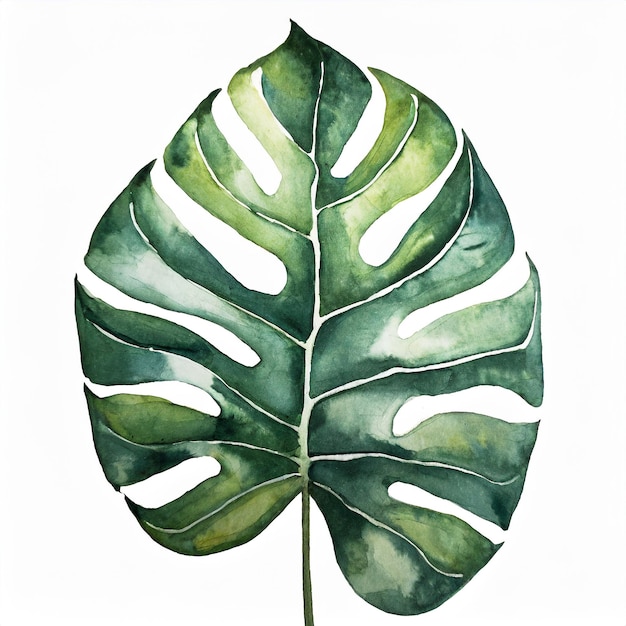 Foto ilustração em aquarela de uma bela folha de monstera verde em fundo branco arte desenhada à mão