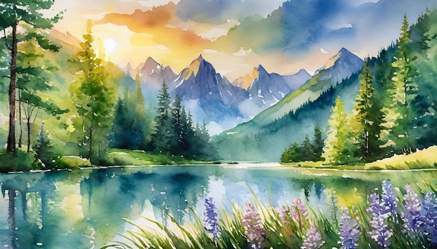 Ilustração em aquarela de uma bela paisagem de verão com lagos, montanhas, florestas verdes à luz do sol