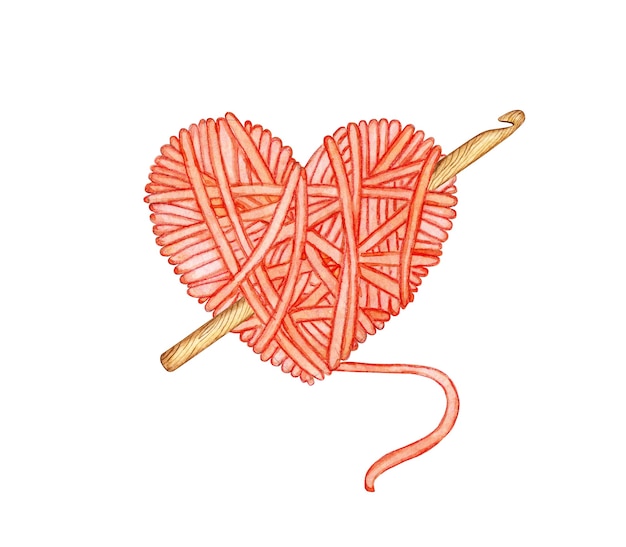 Foto ilustração em aquarela de uma bola de lã vermelha em forma de coração com um crochê.