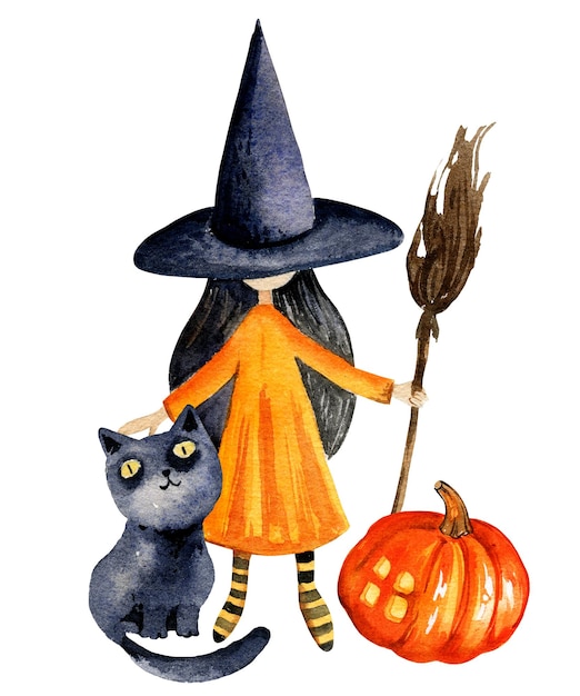 Ilustração em aquarela de uma bruxa, um gato e um esboço desenhado à mão com tema de halloween de abóbora