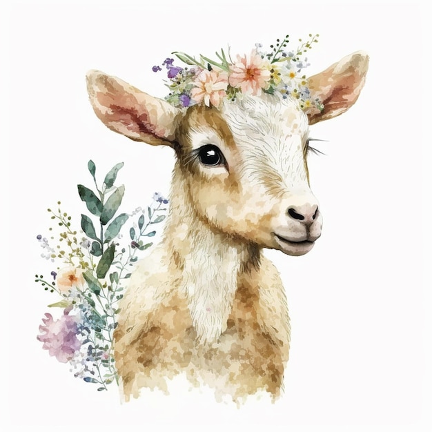 Ilustração em aquarela de uma cabra com flores