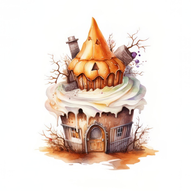 Ilustração em aquarela de uma casa de conto de fadas com um cupcake doce de Halloween