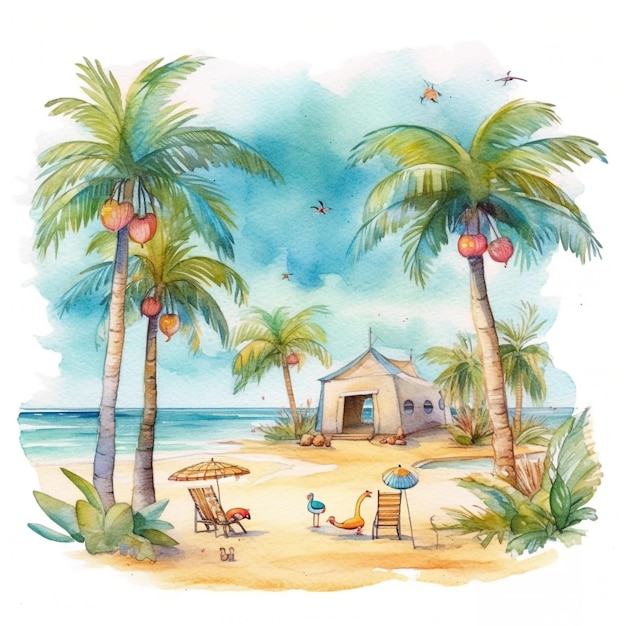 Ilustração em aquarela de uma casa de praia