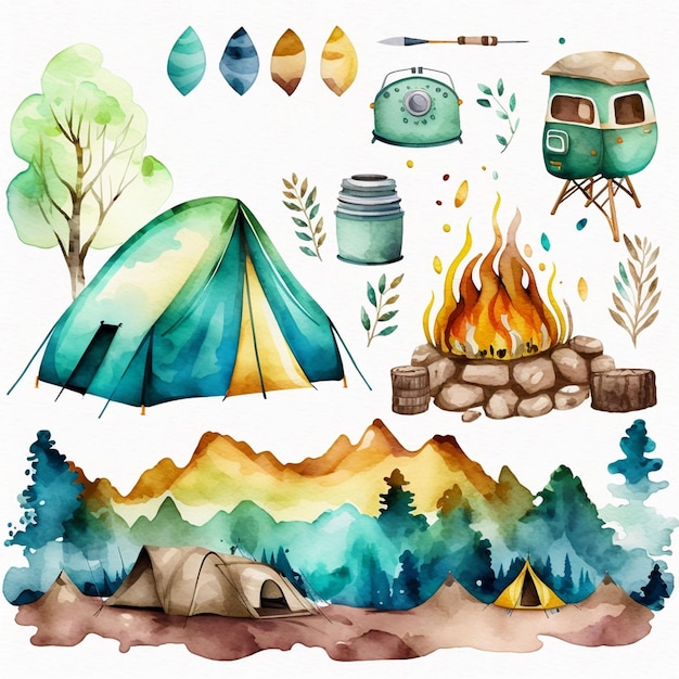 Ilustração em aquarela de uma cena de acampamento