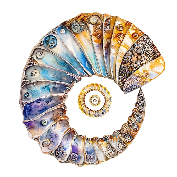 Foto ilustração em aquarela de uma concha nautiloide com um interior dourado
