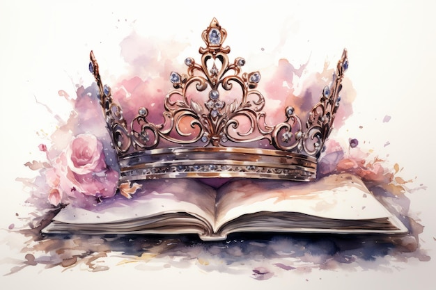 Ilustração em aquarela de uma coroa com pedra preciosa azul em um livro