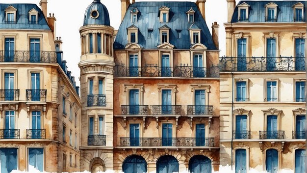 Foto ilustração em aquarela de uma fachada clássica de um edifício europeu