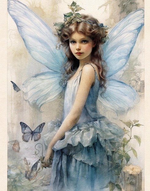 Ilustração em aquarela de uma fada com asas em um vestido azul em um scrapbooking de fundo vintage