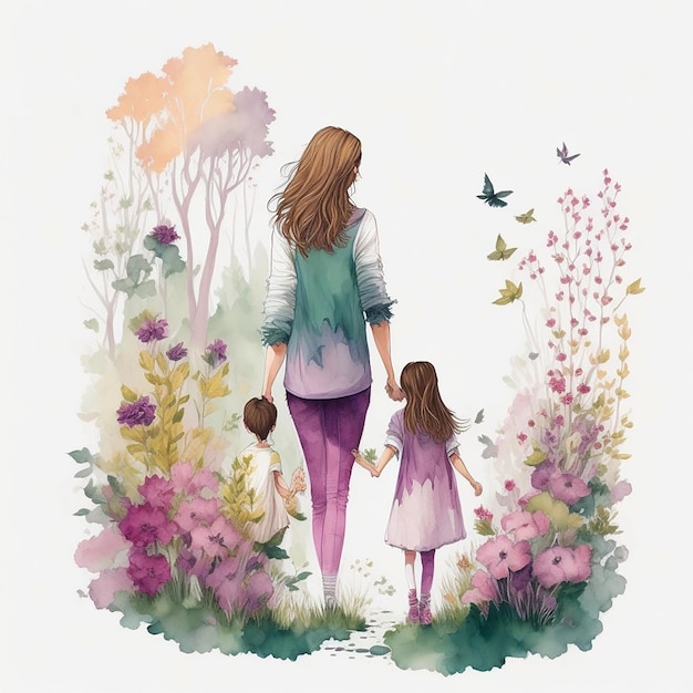 Ilustração em aquarela de uma família feliz caminhando no jardim com seu bebê