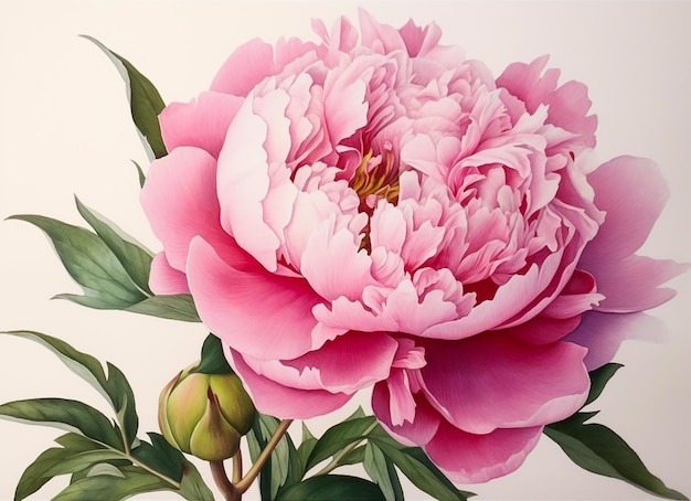 Ilustração em aquarela de uma flor de peônia rosa