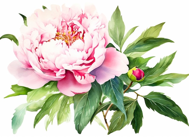 Ilustração em aquarela de uma flor de peônia rosa