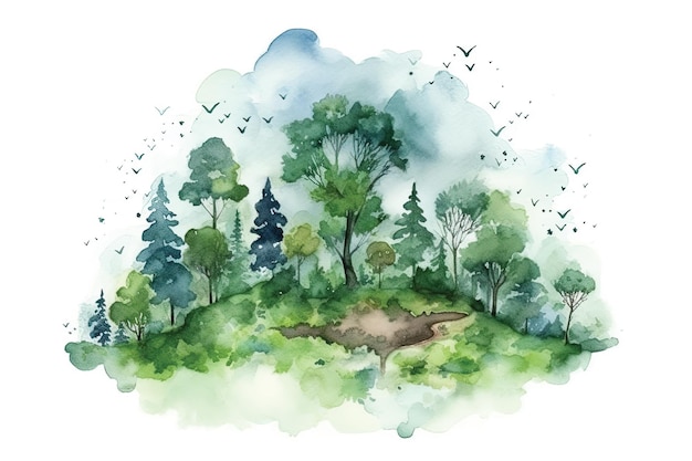 Ilustração em aquarela de uma floresta com árvores e pássaros.