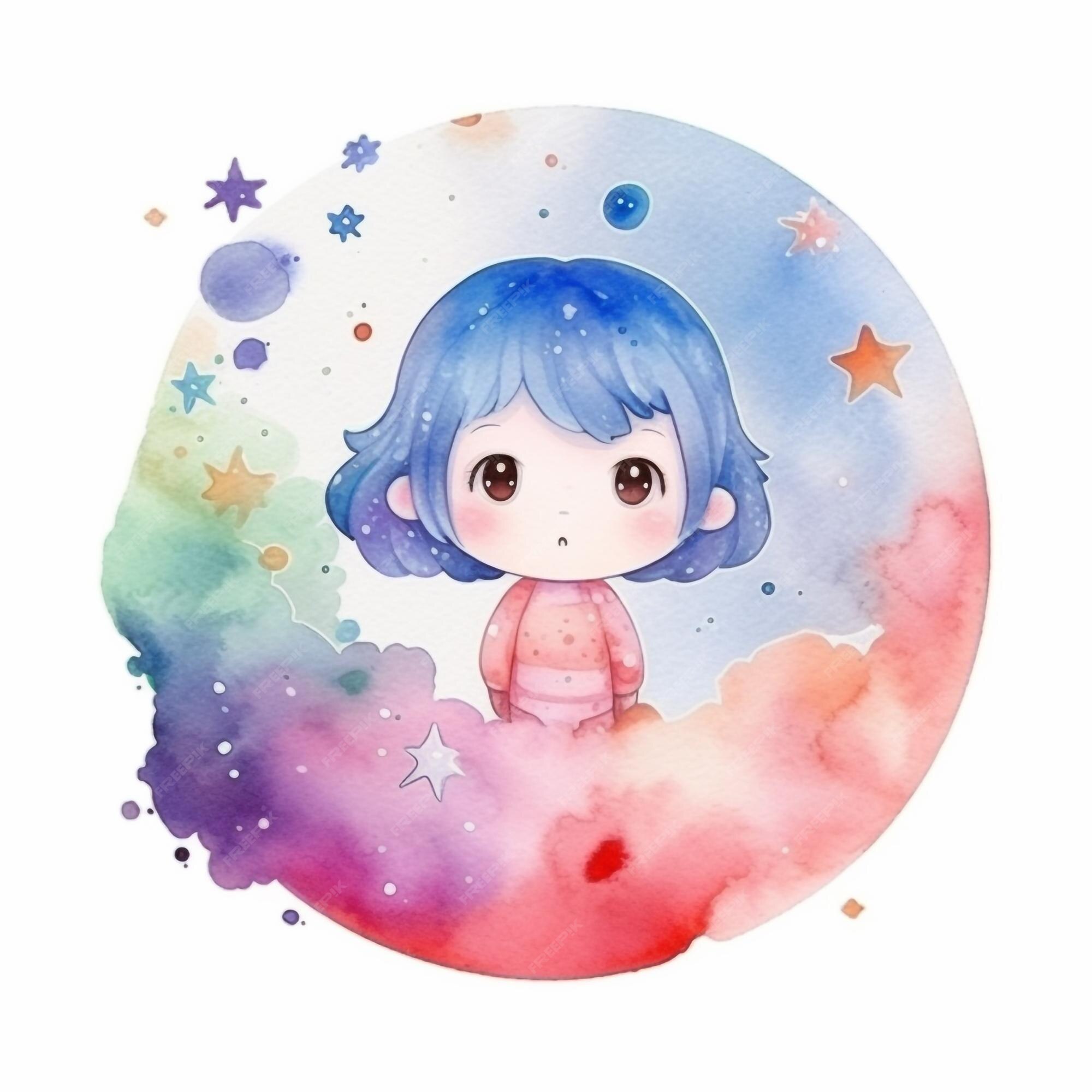 Uma ilustração em aquarela de uma garota com cabelo azul e uma