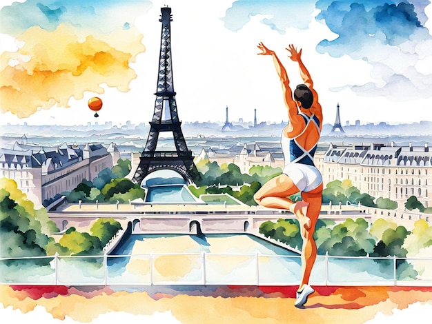 Ilustração em aquarela de uma ginasta dos Jogos Olímpicos de Verão em Paris com a Torre Eiffel no fundo