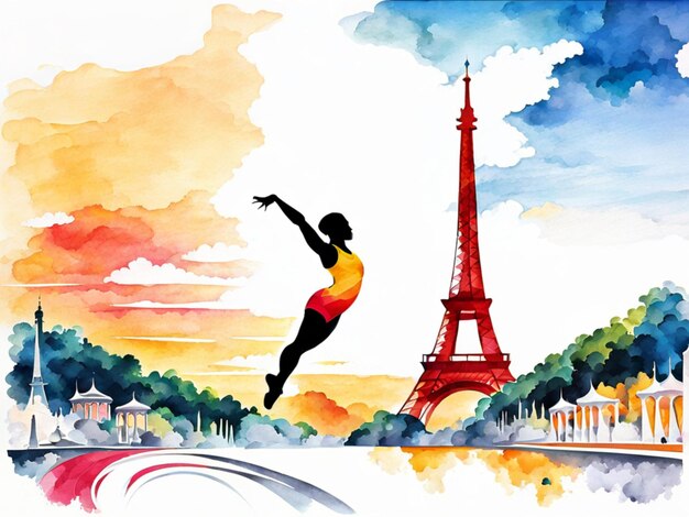 Ilustração em aquarela de uma ginasta dos Jogos Olímpicos de Verão em Paris com a Torre Eiffel no fundo