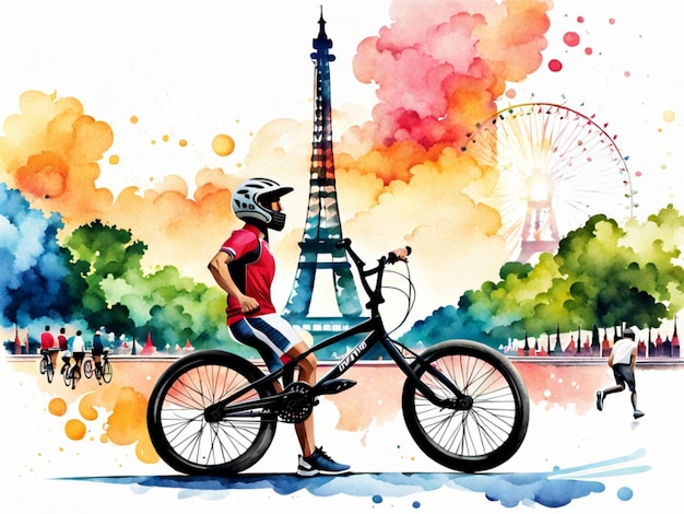 Ilustração em aquarela de uma ginasta dos Jogos Olímpicos de Verão em Paris com a Torre Eiffel no fundo