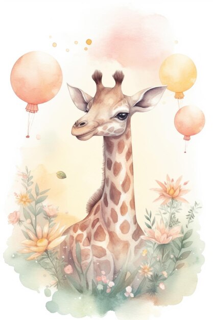 Ilustração em aquarela de uma girafa com balões e flores