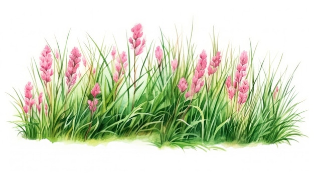 Ilustração em aquarela de uma grama verde com flores cor-de-rosa em um fundo branco IA geradora