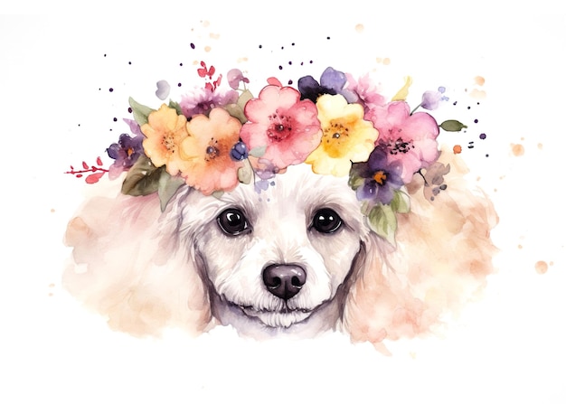 Ilustração em aquarela de uma linda coroa de flores de caniche na cabeça e salpicos de tinta aquarela