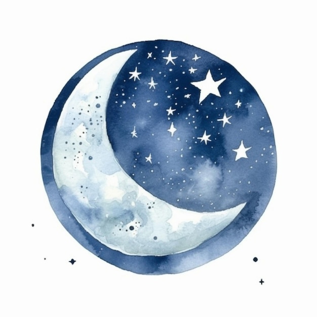 Ilustração em aquarela de uma lua e estrelas