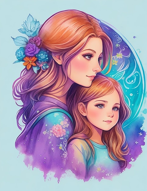 Ilustração em aquarela de uma mãe segurando um bebê bonito com salpicos de flores coloridas