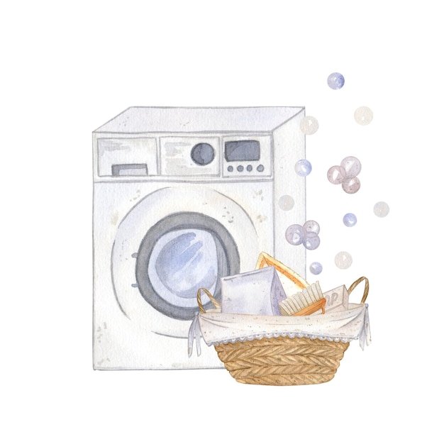 Ilustração em aquarela de uma máquina de lavar isolada em uma limpeza de lavagem de fundo branco