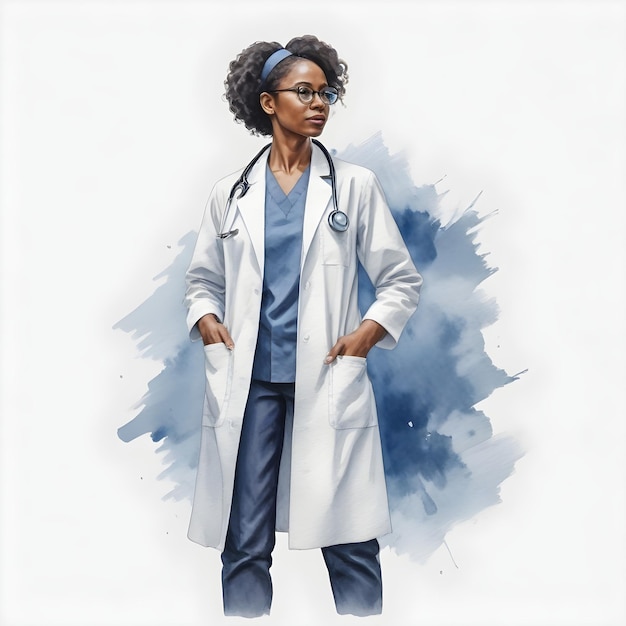Foto ilustração em aquarela de uma médica com um estetoscópio em roupas azuis e brancas