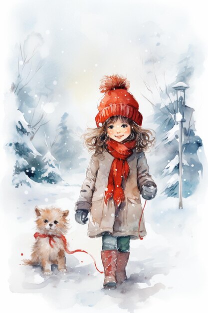 Ilustração em aquarela de uma menina de inverno caminhando com um cachorro ao ar livre Desenho de cartão postal de neve de Feliz Natal