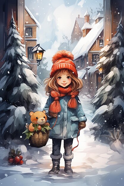 Ilustração em aquarela de uma menina de inverno com chapéu vermelho caminhando ao ar livre Desenho de cartão postal de Natal feliz