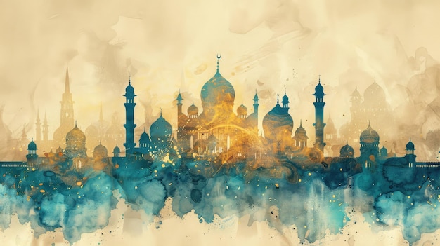 Ilustração em aquarela de uma mesquita islâmica Padrão para cartaz de felicitações e fundo