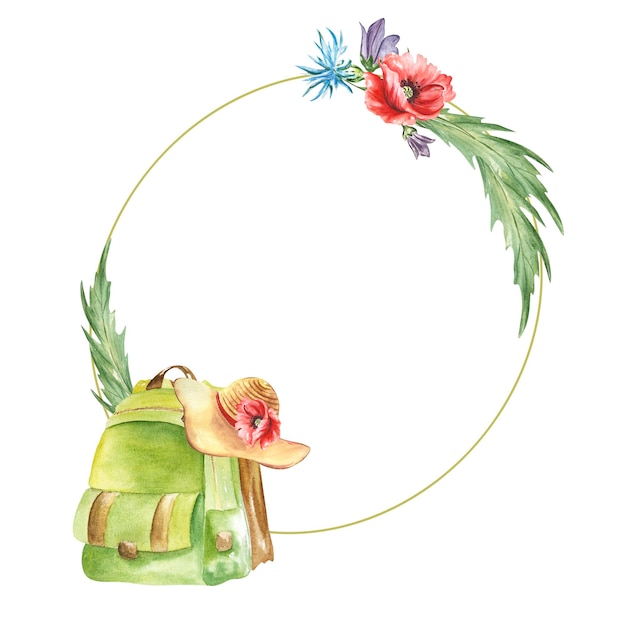 Ilustração em aquarela de uma mochila e flores