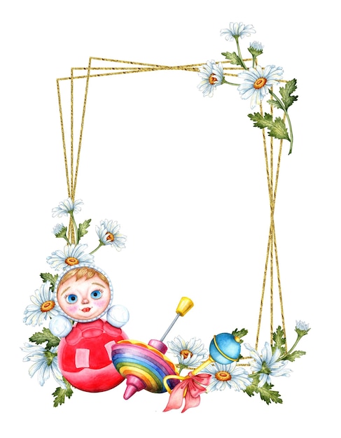 Foto ilustração em aquarela de uma moldura de brinquedos e flores infantis tumbler rattle top giratório